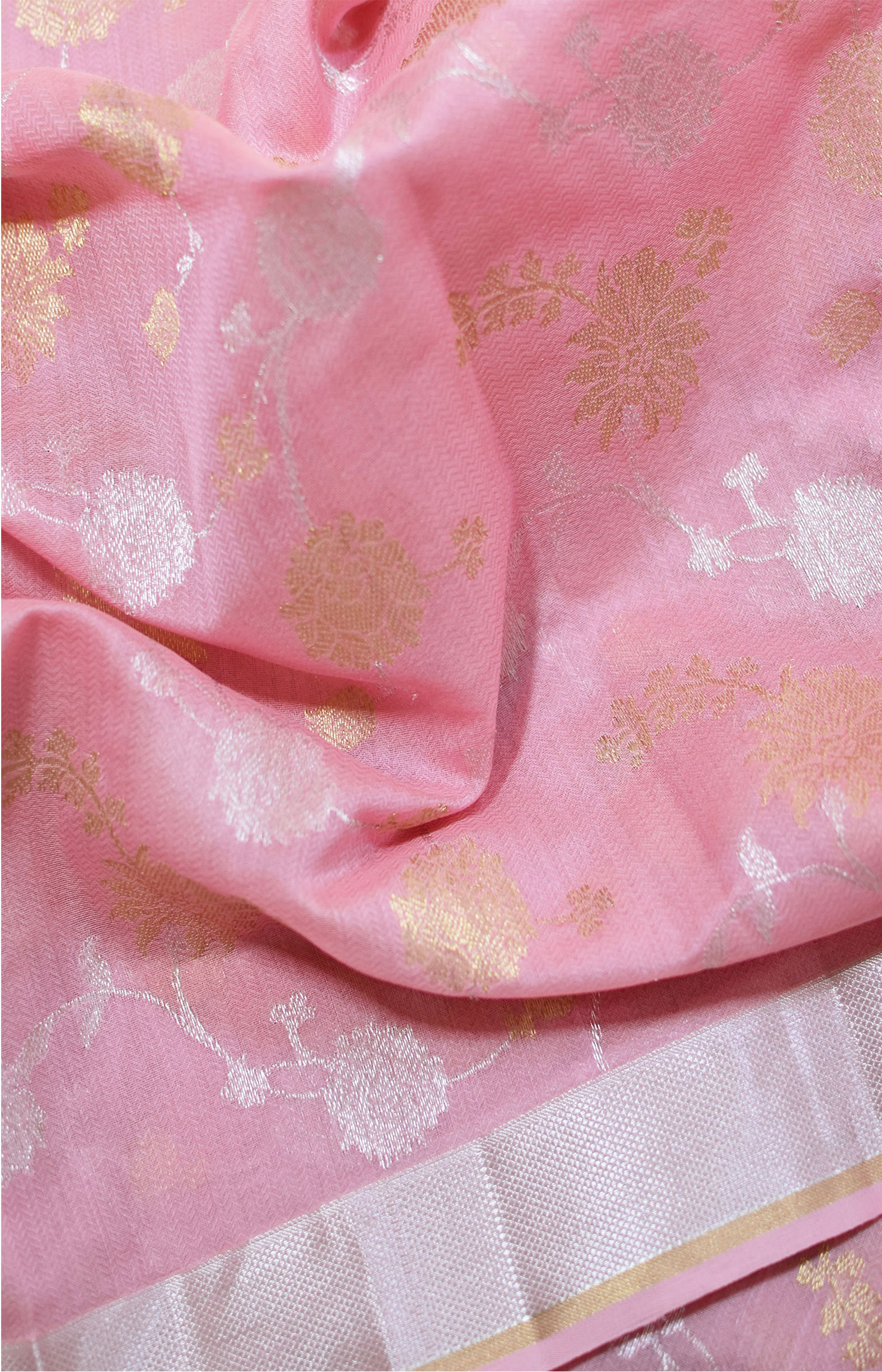 Pink, Handwoven Organic Cotton, Textured Weave , Jacquard Handpicked, Festive Wear, Jari Saree